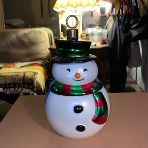 Vintage TELEFLORA Gift SNOWMAN ornament COOKIE Jar Christmas Canister Candy Bowl